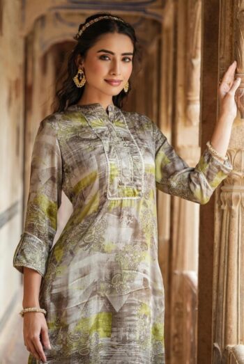 Grey Satin Print With Gota Work and Pathani Suit