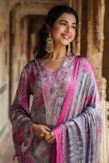 Lavender Floral Print Kurta with Pant & Dupatta