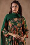 Green Floral Printed Beads Anarkali Kurta & Trousers With Dupatta