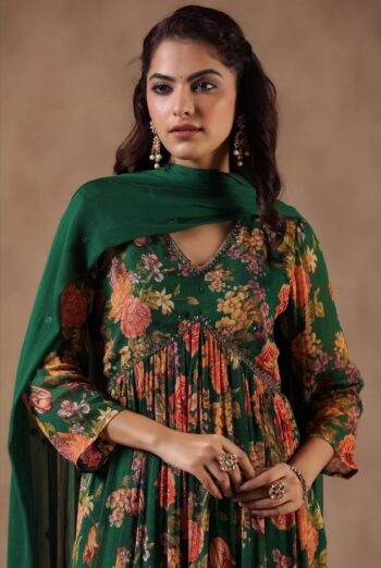 Green Floral Printed Beads Anarkali Kurta & Trousers With Dupatta