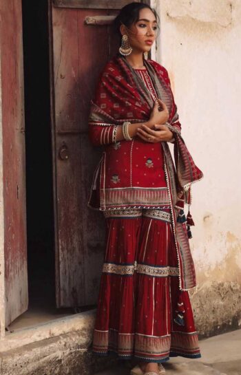 Maroon Embellished Kurta With Sharara & Dupatta