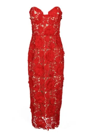 Model wearing the strapless red bodycon dress for a wedding