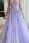 Lavender Floral Lace Prom Dresses Strapless Formal Dress