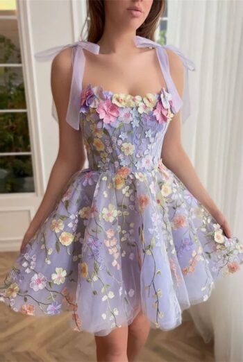 Lavender Floral Lace Mini Prom Dress